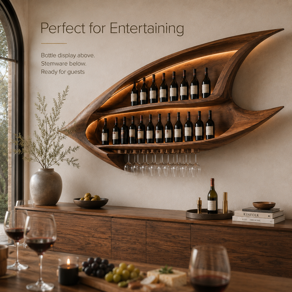 Solid Wood Wall Wine Rack with Glass Holder - Ribbed Wave - product image 11