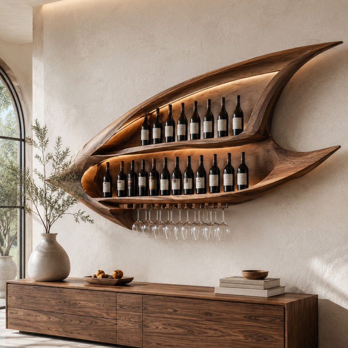 Solid Wood Wall Wine Rack with Glass Holder - Ribbed Wave - Design 135 - square cover image