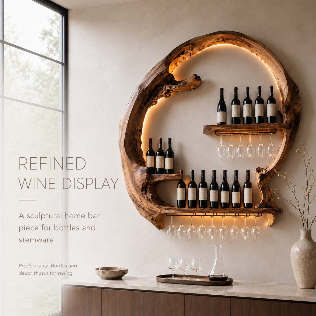 Solid Wood Wall Wine Rack with Glass Holder - Wave - product image 02