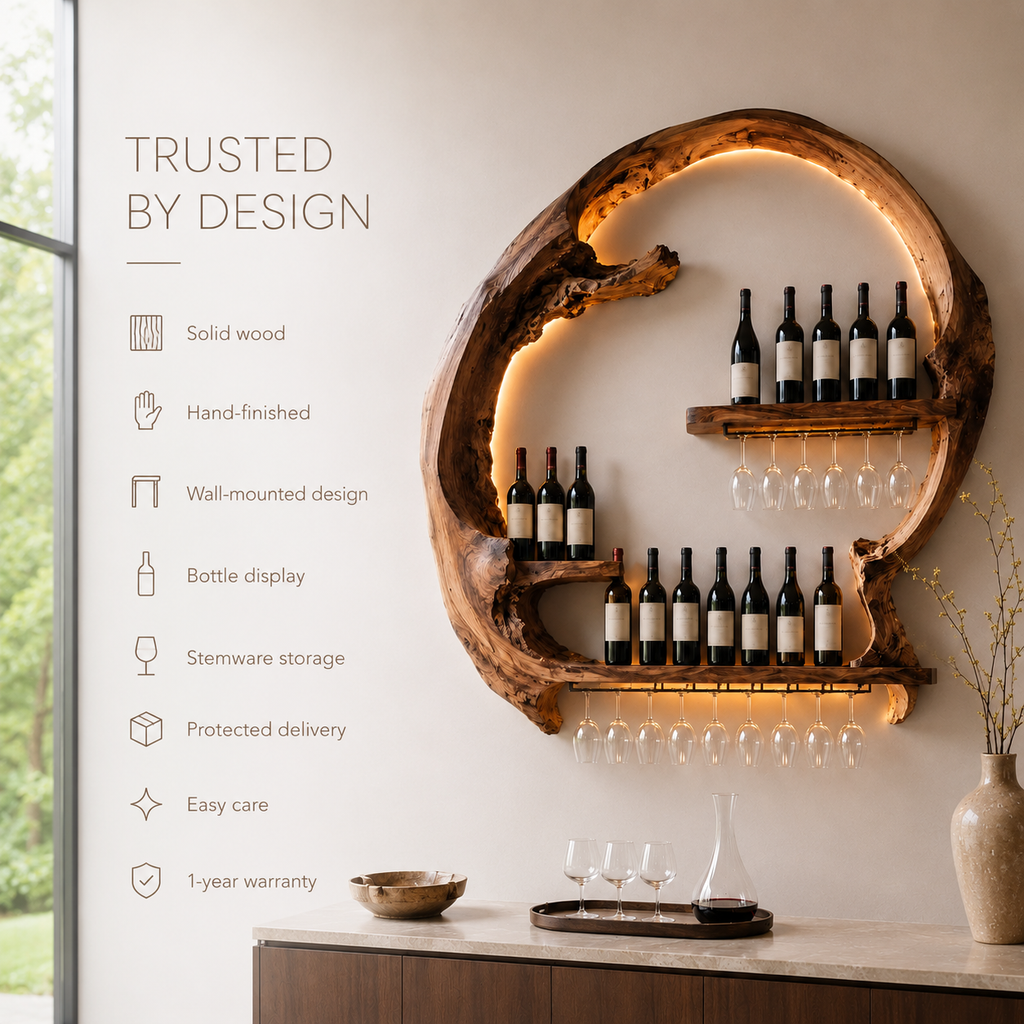 Solid Wood Wall Wine Rack with Glass Holder - Wave - product image 03