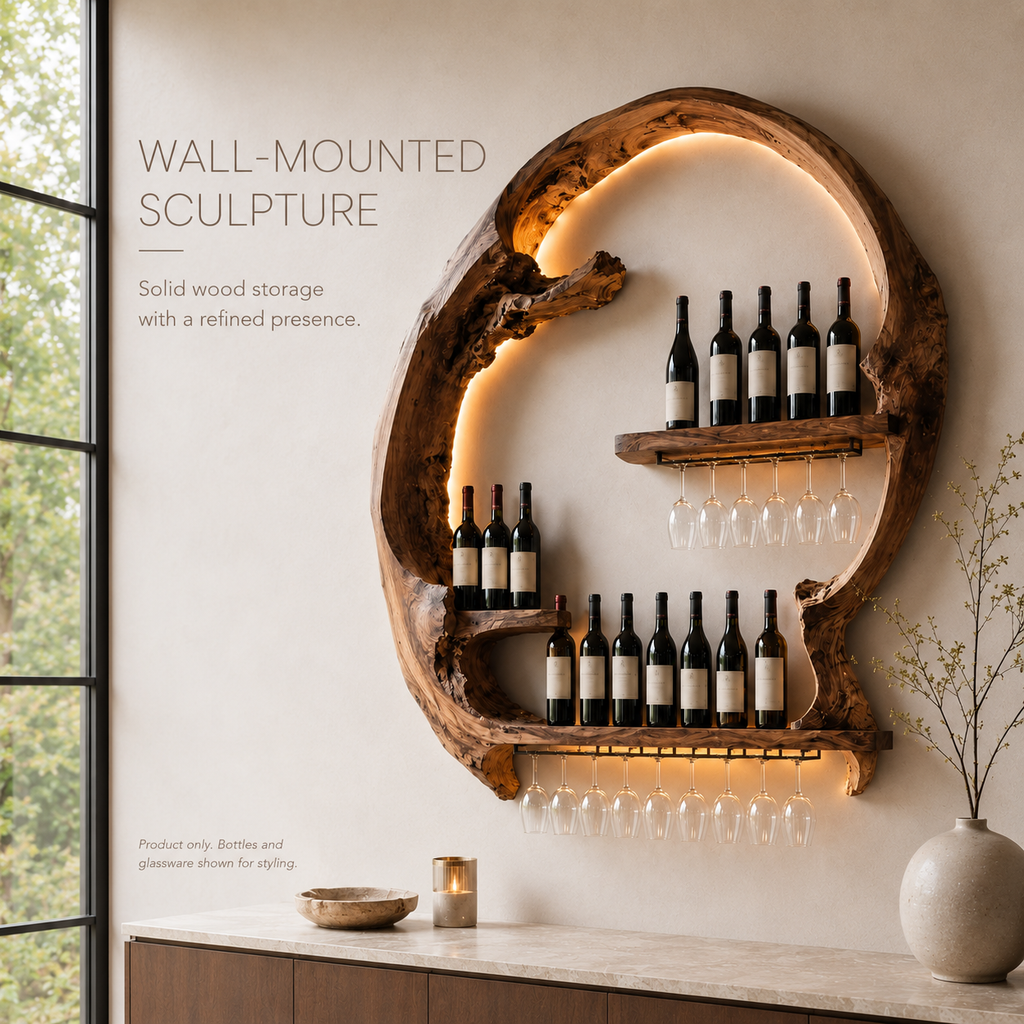 Solid Wood Wall Wine Rack with Glass Holder - Wave - product image 04