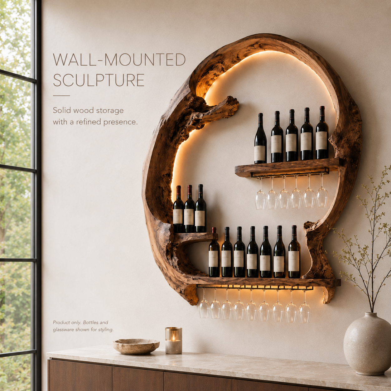 Solid Wood Wall Wine Rack with Glass Holder - Wave - product image 04