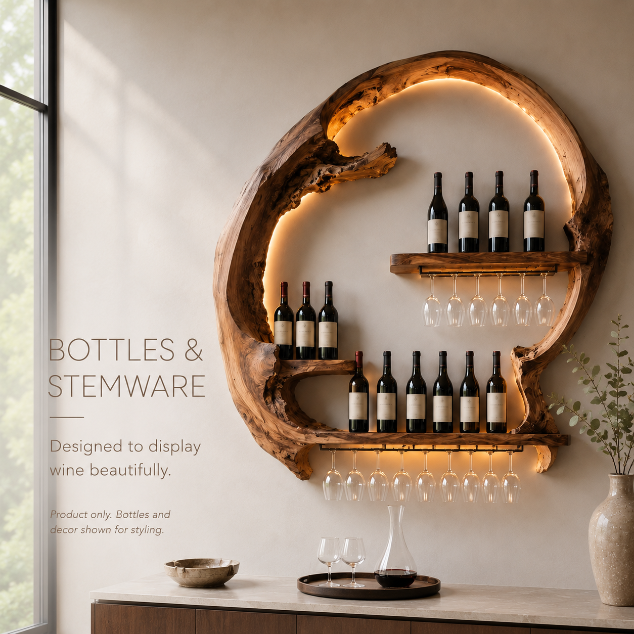 Solid Wood Wall Wine Rack with Glass Holder - Wave - product image 06