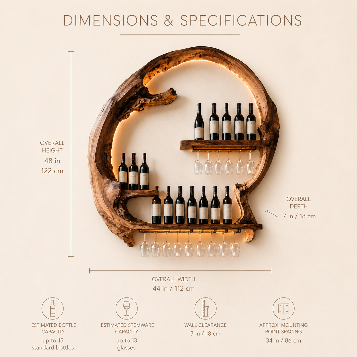 Solid Wood Wall Wine Rack with Glass Holder - Wave - product image 08