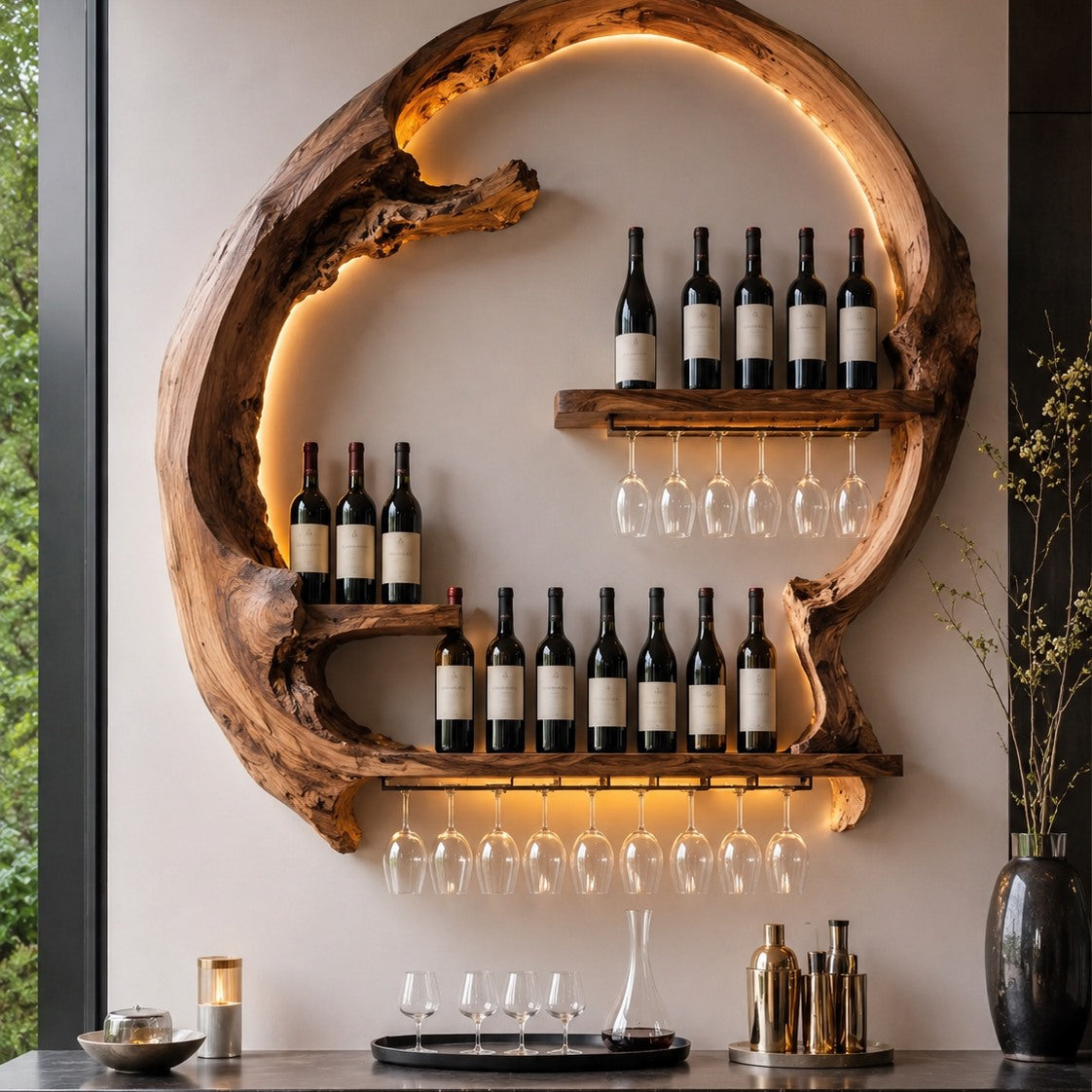 Solid Wood Wall Wine Rack with Glass Holder - Wave - Design 136 - square cover image