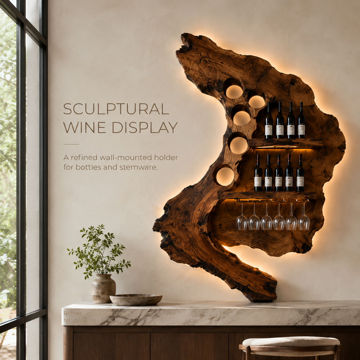 Solid Wood Wall Wine Rack with Glass Holder - Cellular - product image 02