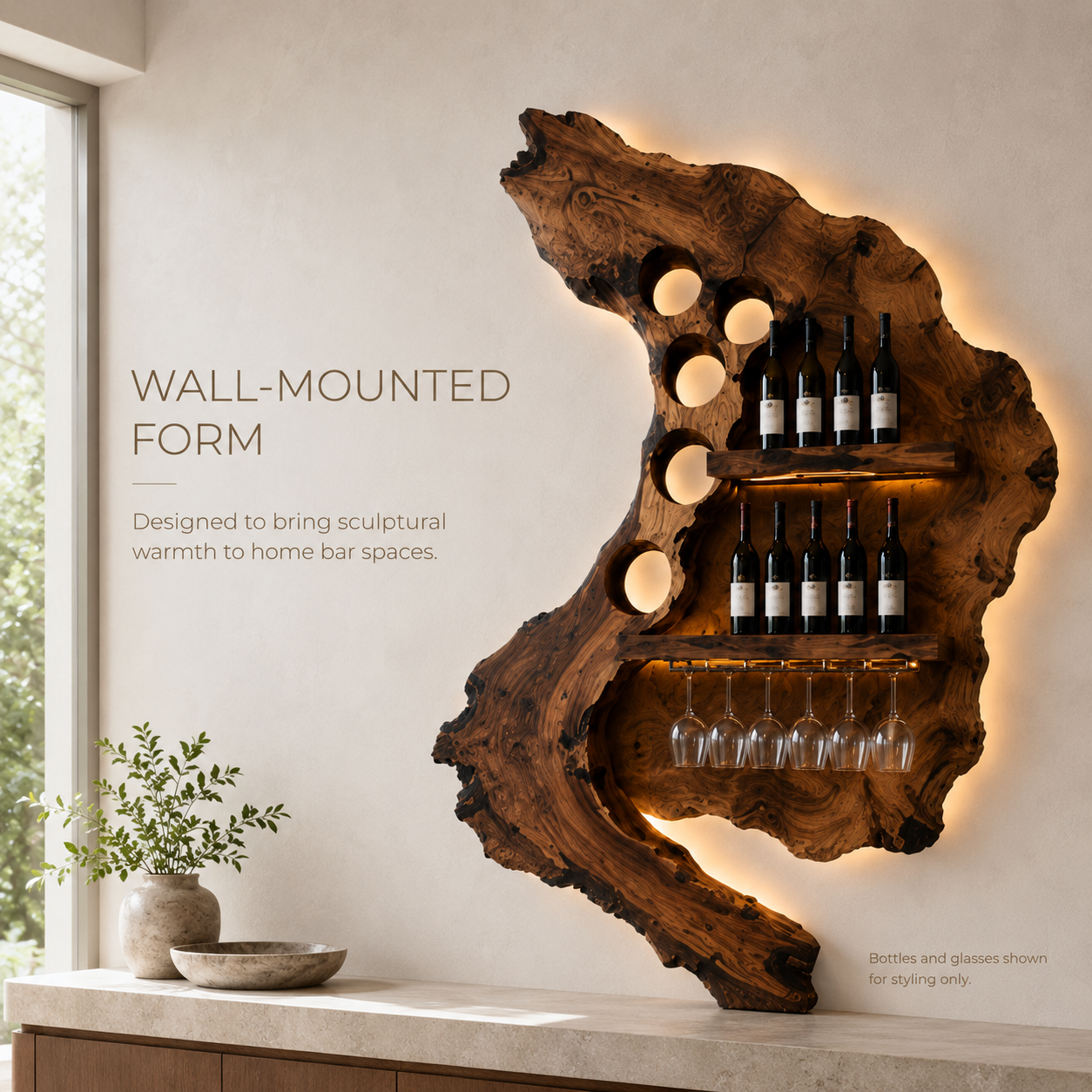 Solid Wood Wall Wine Rack with Glass Holder - Cellular - product image 03