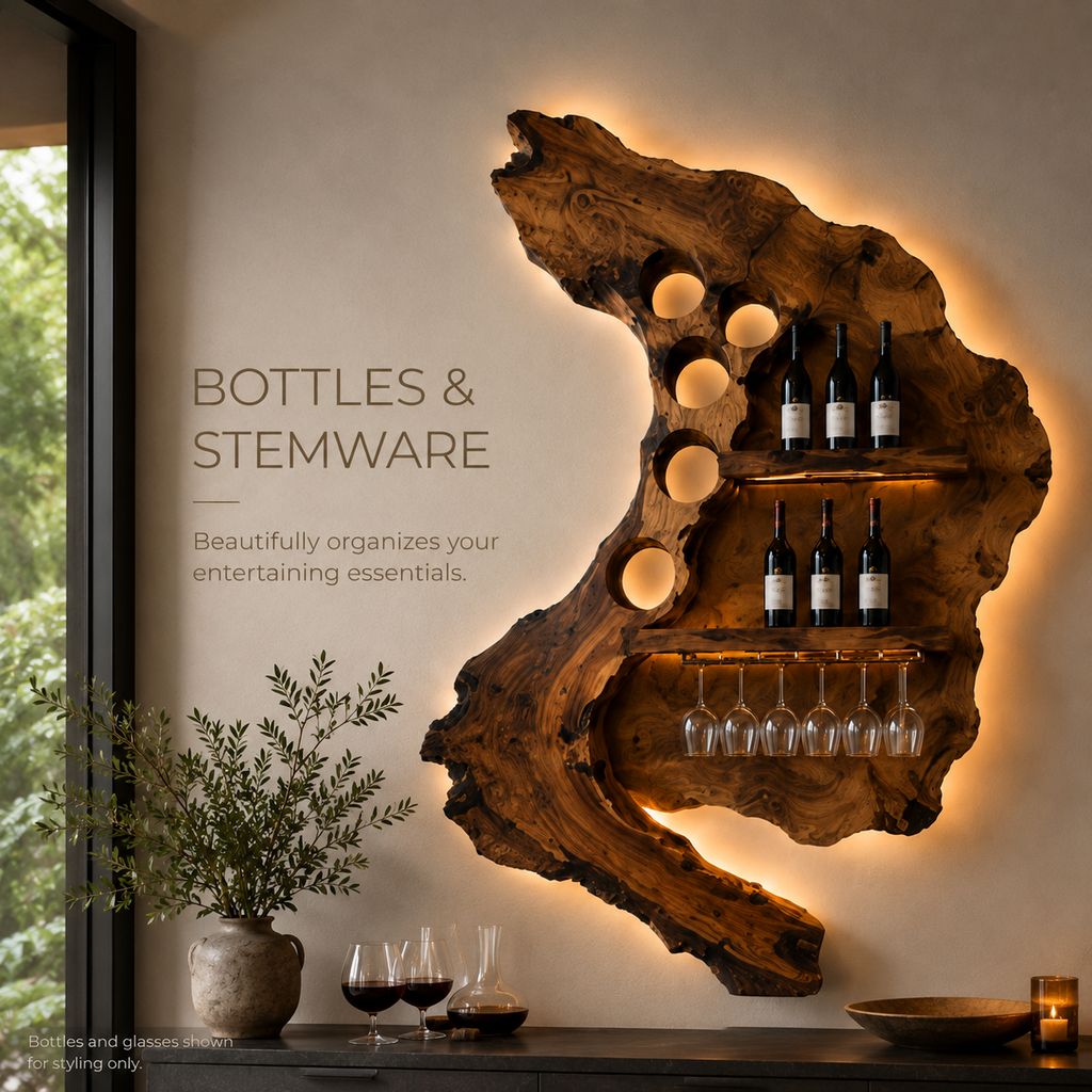 Solid Wood Wall Wine Rack with Glass Holder - Cellular - product image 07