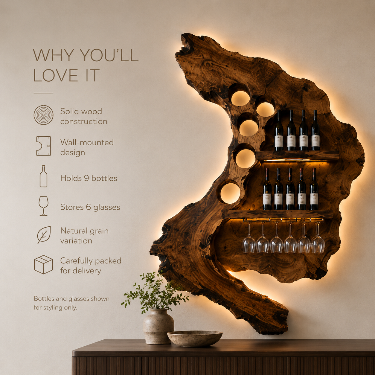Solid Wood Wall Wine Rack with Glass Holder - Cellular - product image 09