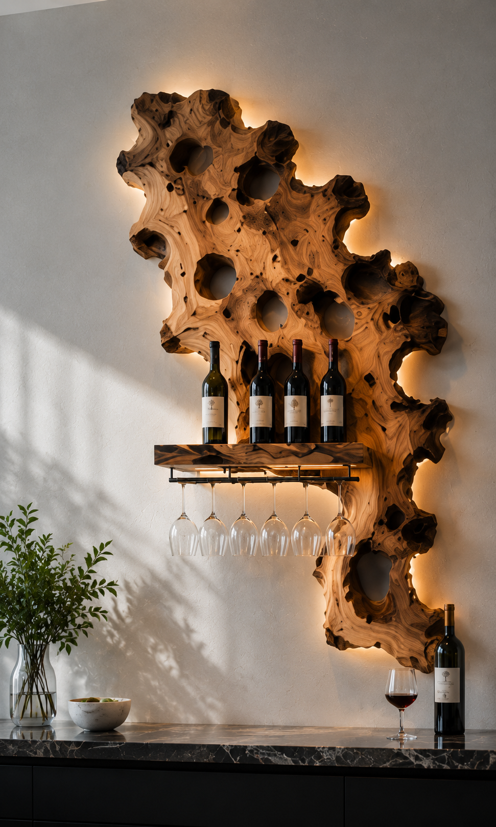 Solid Wood Wall Wine Rack with Glass Holder - Branch Form - main view