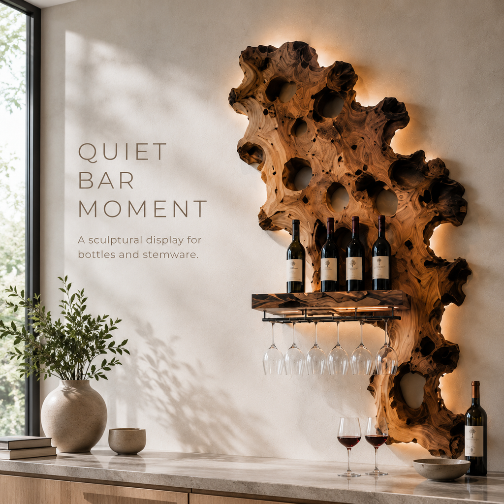 Solid Wood Wall Wine Rack with Glass Holder - Branch Form - product image 02