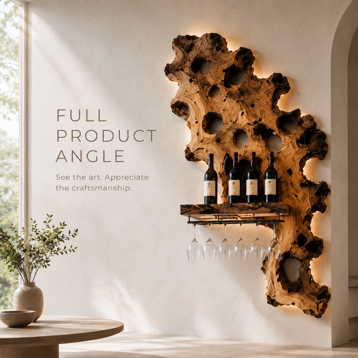 Solid Wood Wall Wine Rack with Glass Holder - Branch Form - product image 03