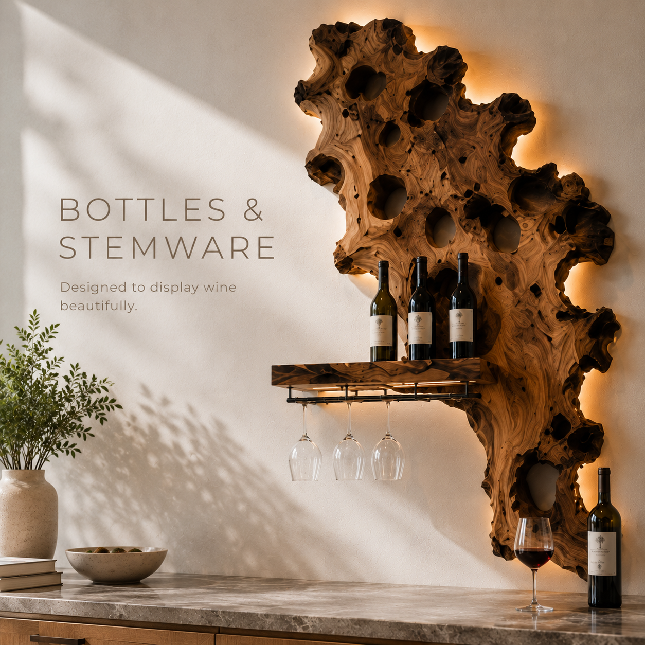 Solid Wood Wall Wine Rack with Glass Holder - Branch Form - product image 07
