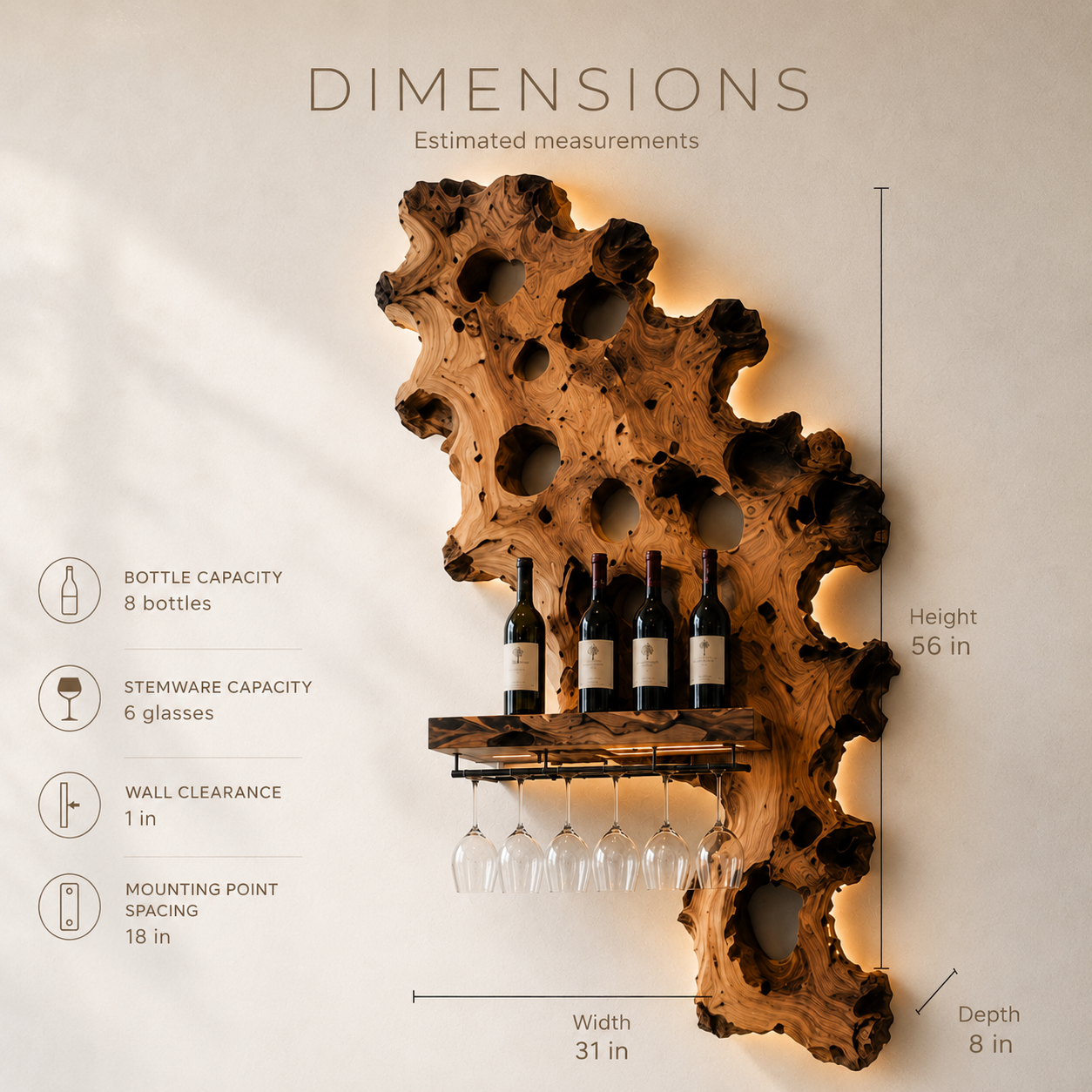 Solid Wood Wall Wine Rack with Glass Holder - Branch Form - product image 08