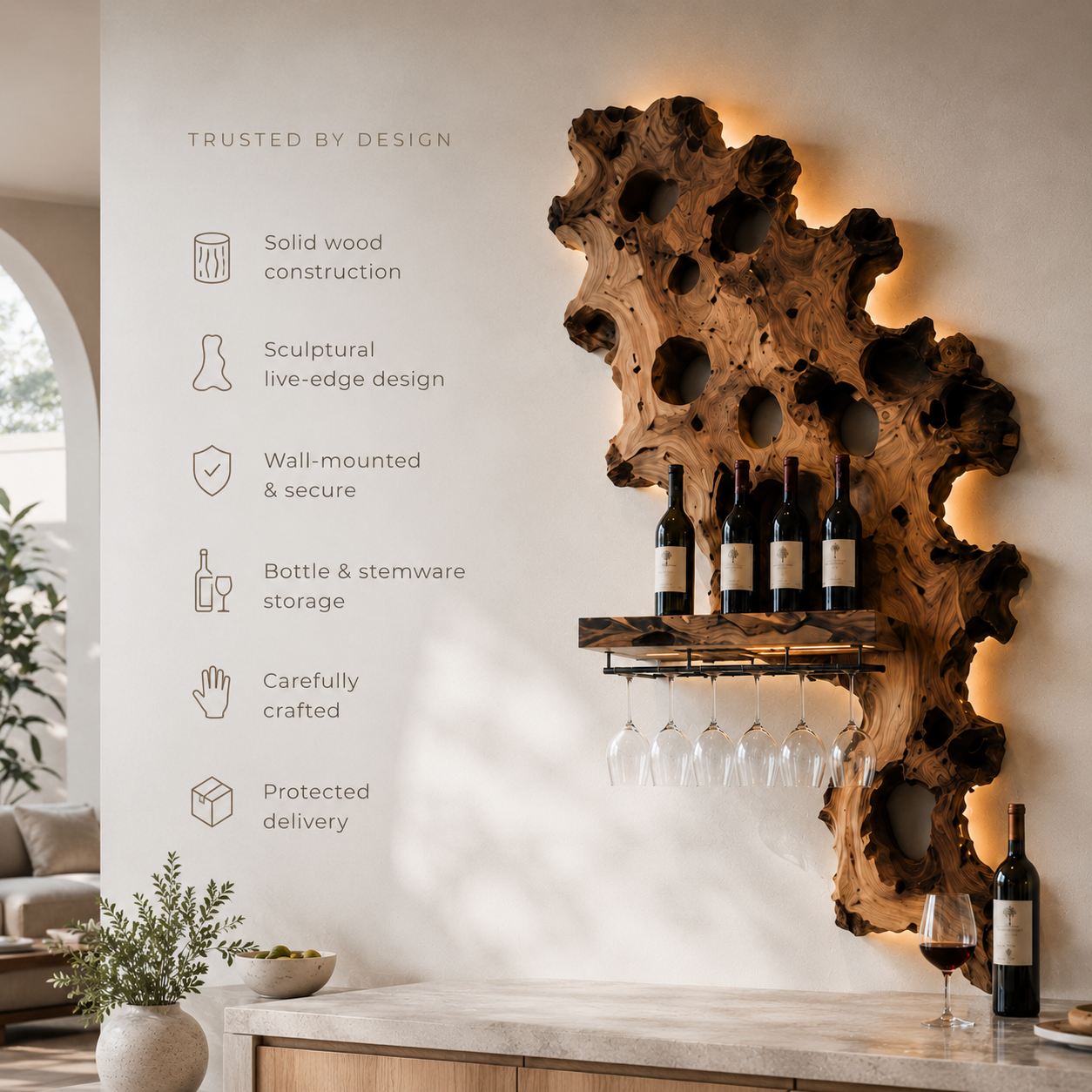 Solid Wood Wall Wine Rack with Glass Holder - Branch Form - product image 09