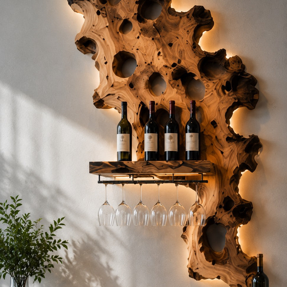 Solid Wood Wall Wine Rack with Glass Holder - Branch Form - Design 138 - square cover image