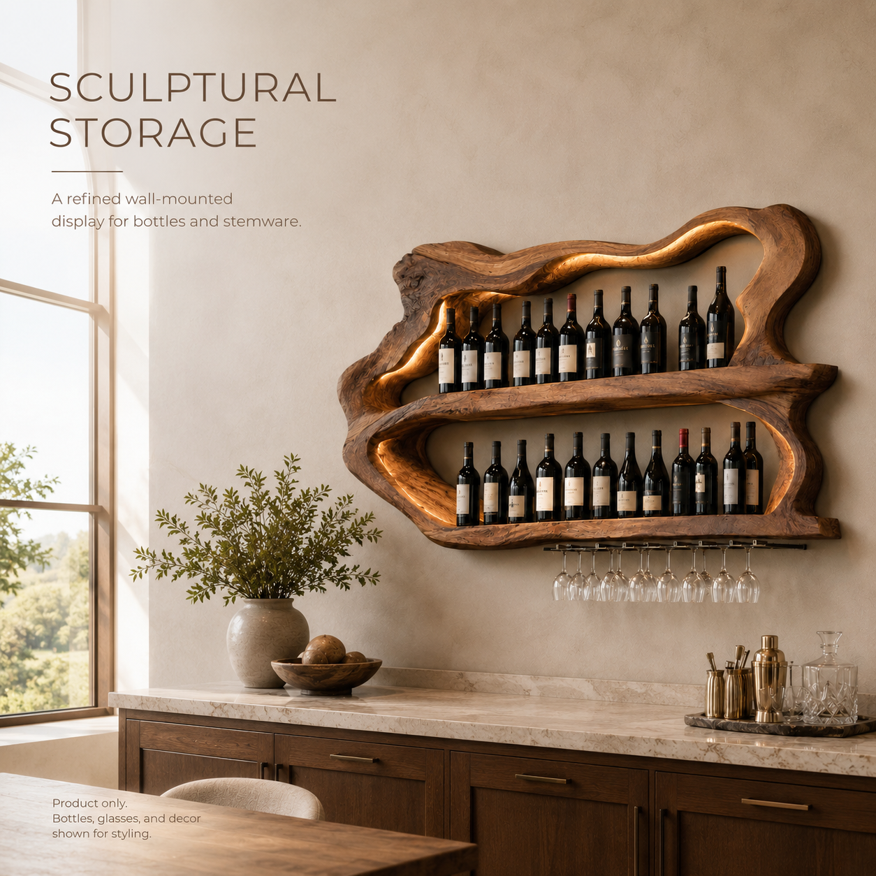 Solid Wood Wall Wine Rack with Glass Holder - Arched - main view