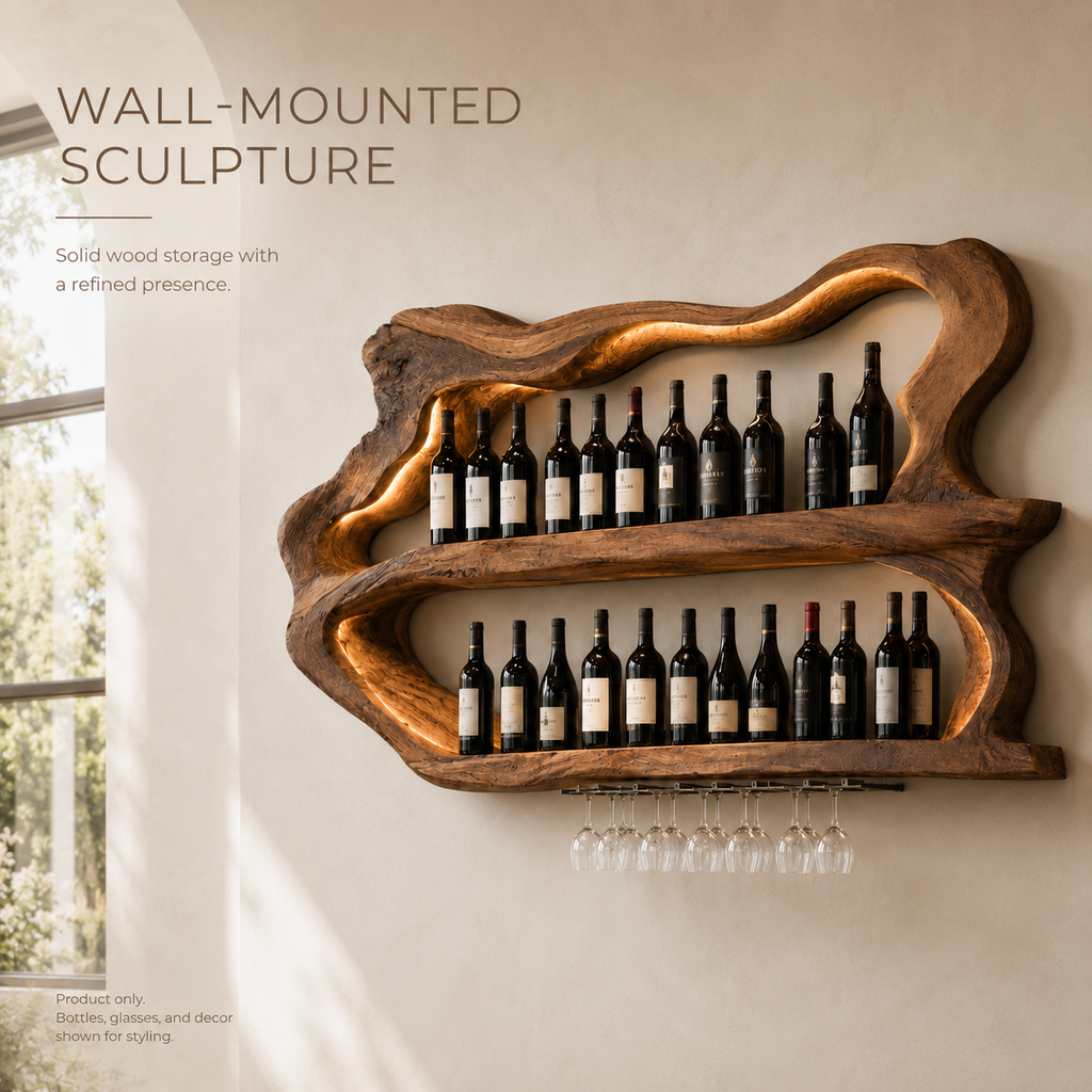 Solid Wood Wall Wine Rack with Glass Holder - Arched - product image 02