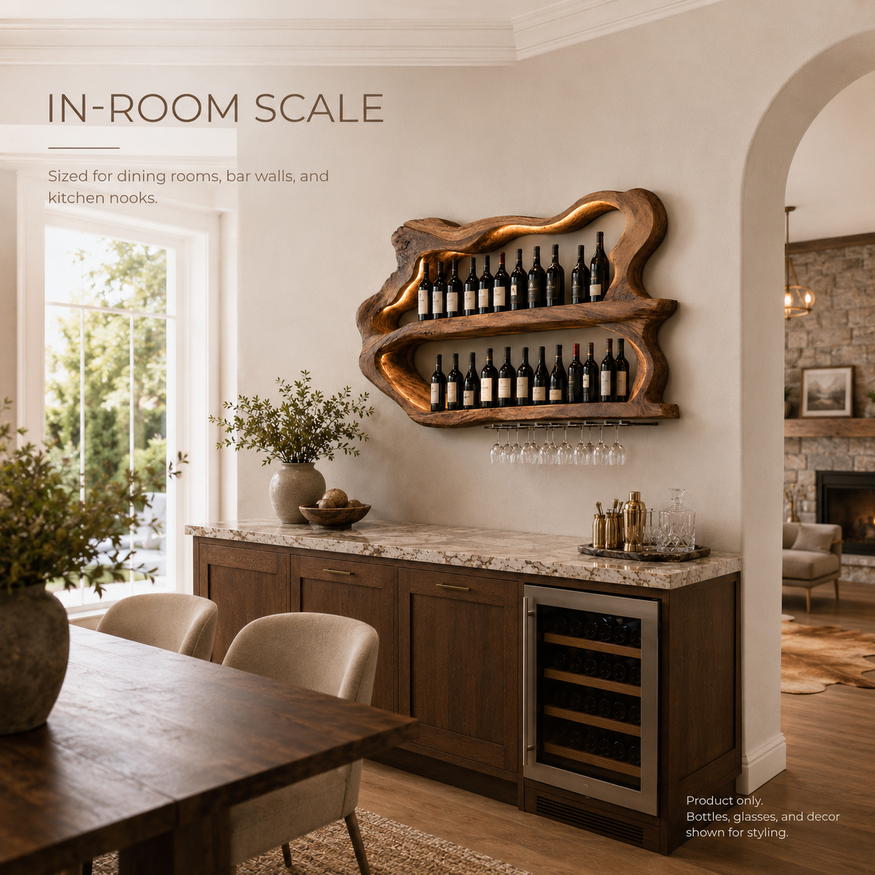 Solid Wood Wall Wine Rack with Glass Holder - Arched - product image 03