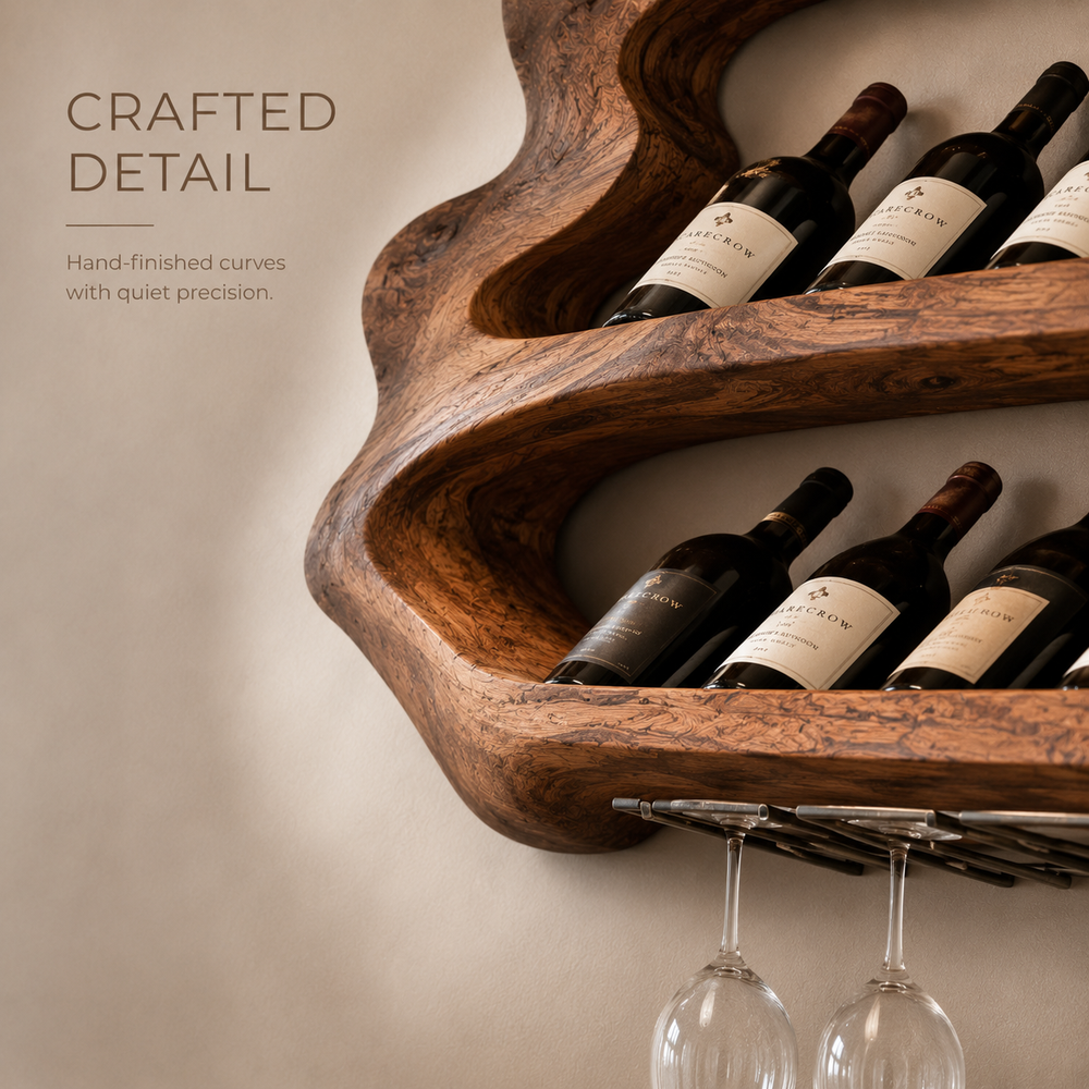Solid Wood Wall Wine Rack with Glass Holder - Arched - product image 05
