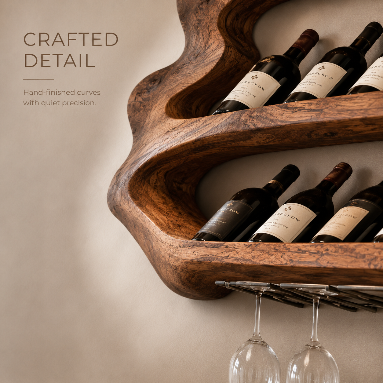 Solid Wood Wall Wine Rack with Glass Holder - Arched - product image 05