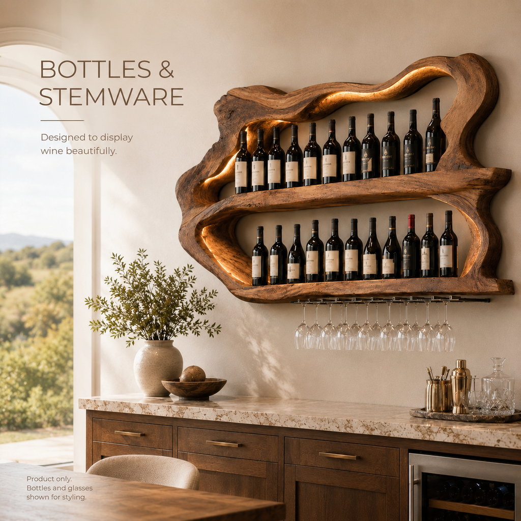 Solid Wood Wall Wine Rack with Glass Holder - Arched - product image 06