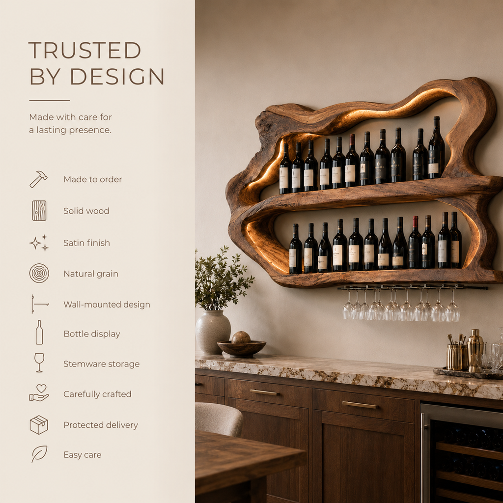 Solid Wood Wall Wine Rack with Glass Holder - Arched - product image 08