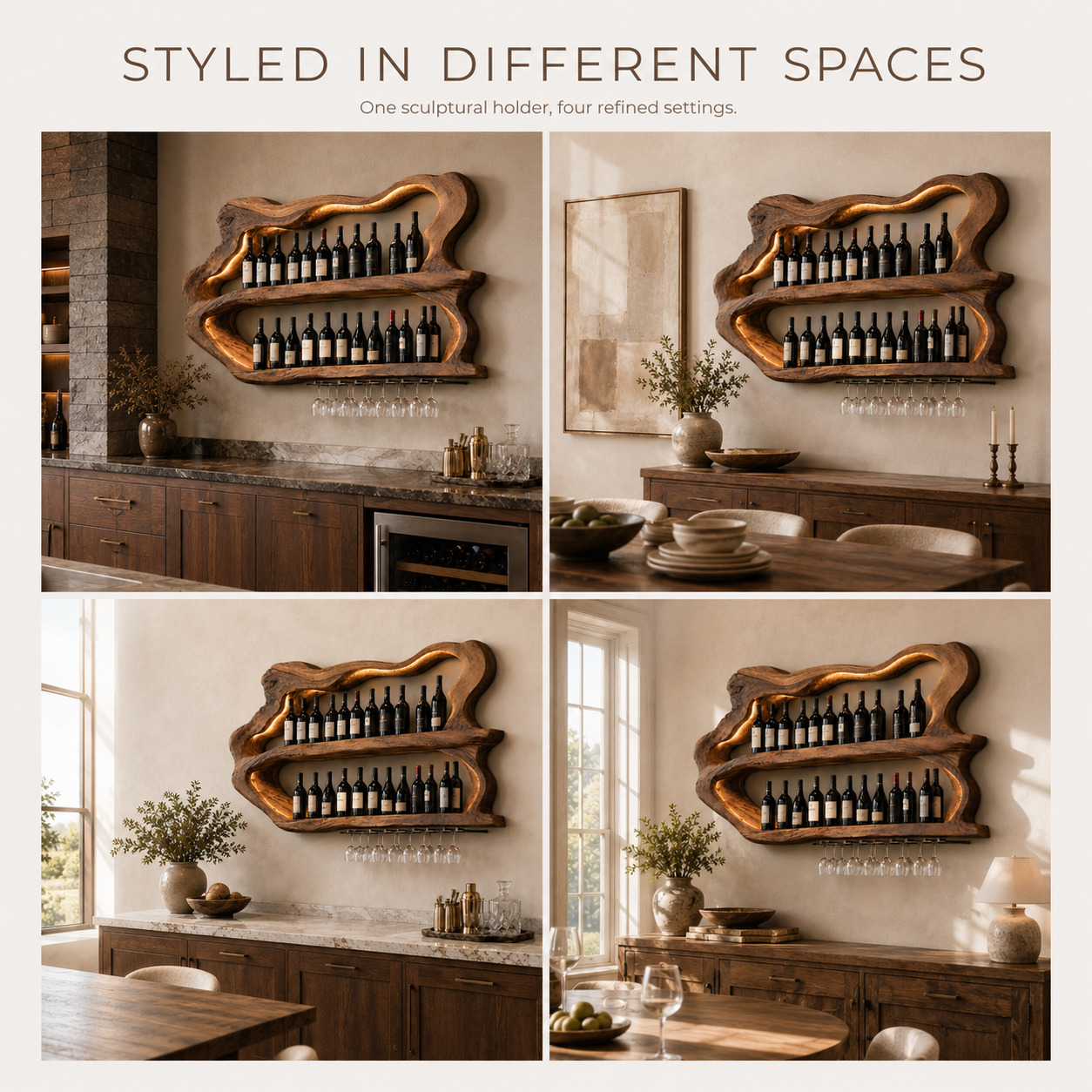 Solid Wood Wall Wine Rack with Glass Holder - Arched - product image 09
