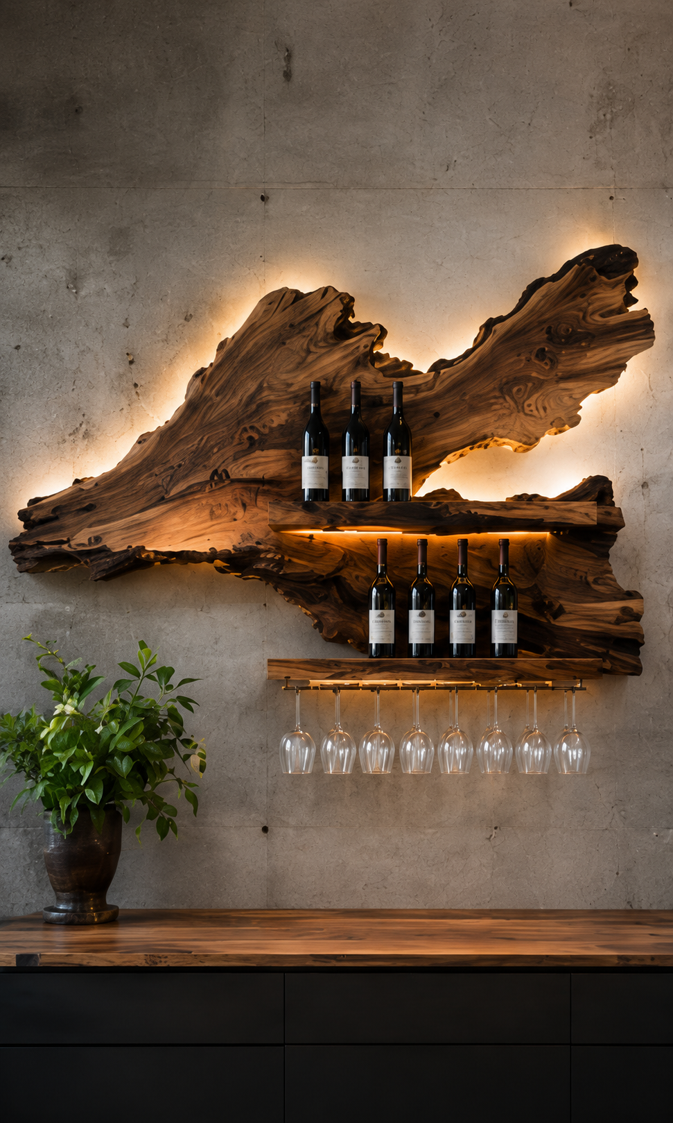 Solid Wood Wall Wine Rack with Glass Holder - Crescent - main view