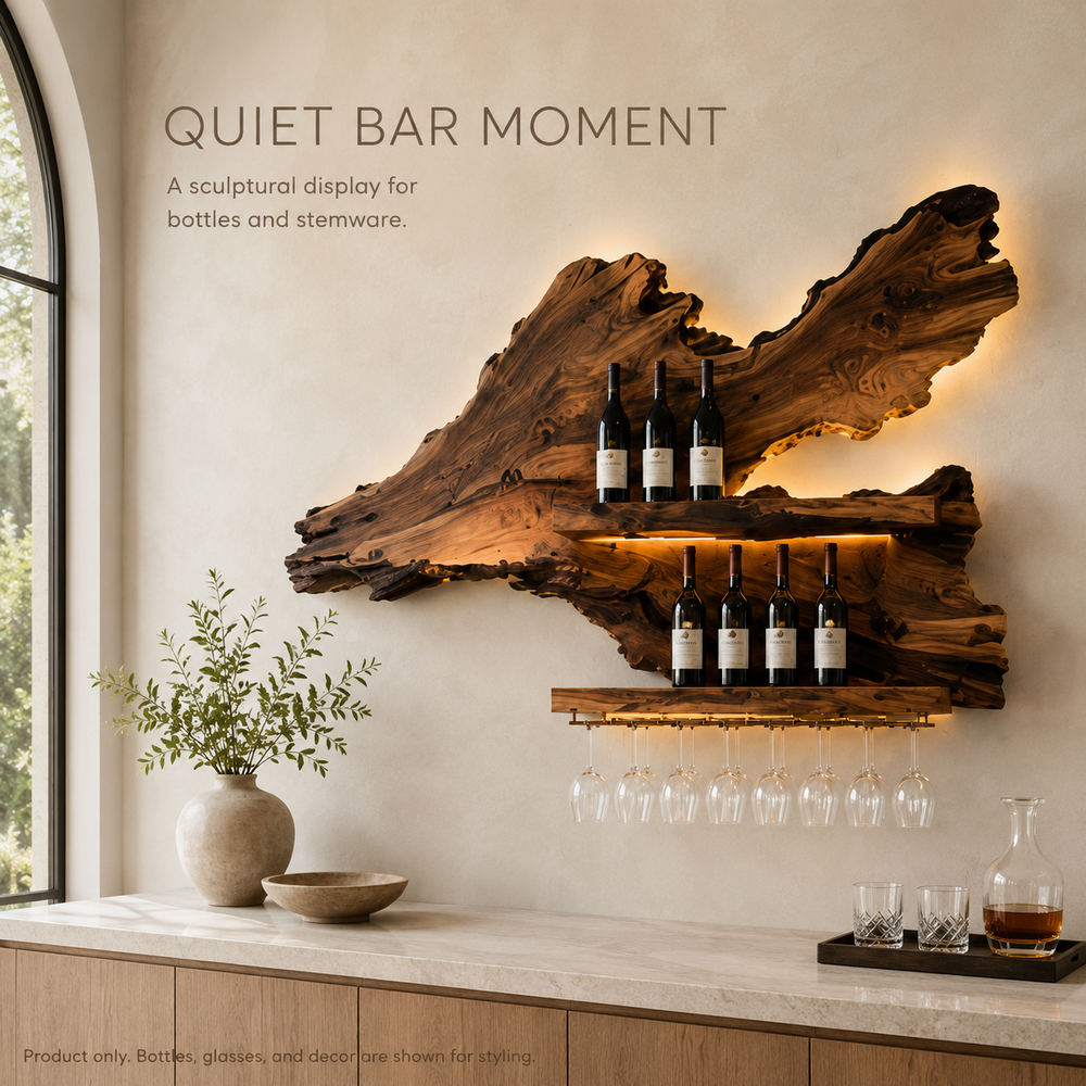 Solid Wood Wall Wine Rack with Glass Holder - Crescent - product image 02
