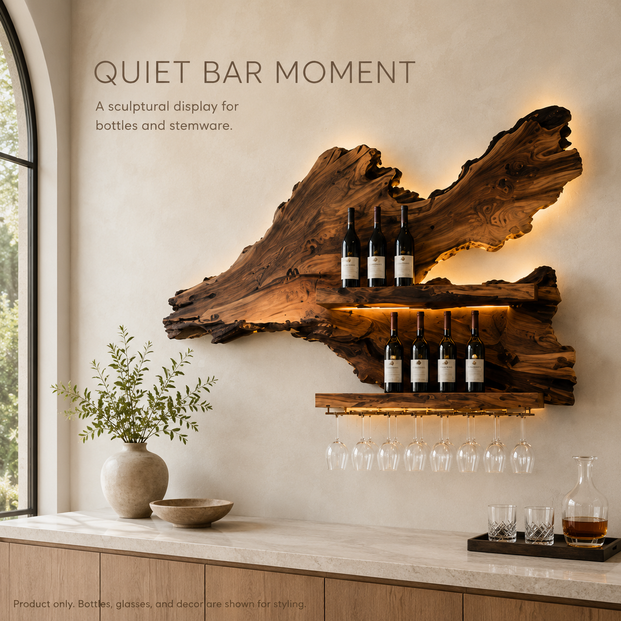 Solid Wood Wall Wine Rack with Glass Holder - Crescent - product image 02