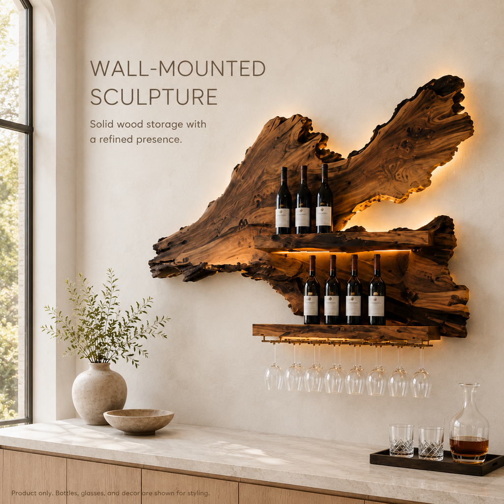 Solid Wood Wall Wine Rack with Glass Holder - Crescent - product image 03