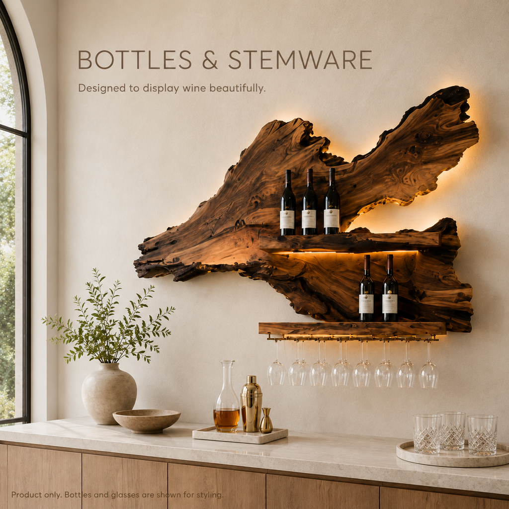 Solid Wood Wall Wine Rack with Glass Holder - Crescent - product image 07
