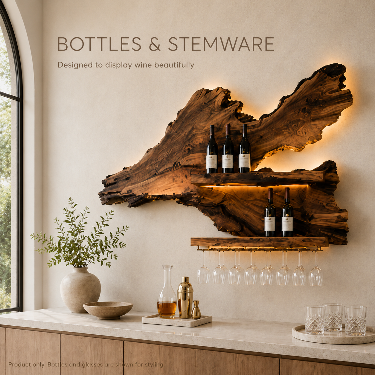 Solid Wood Wall Wine Rack with Glass Holder - Crescent - product image 07
