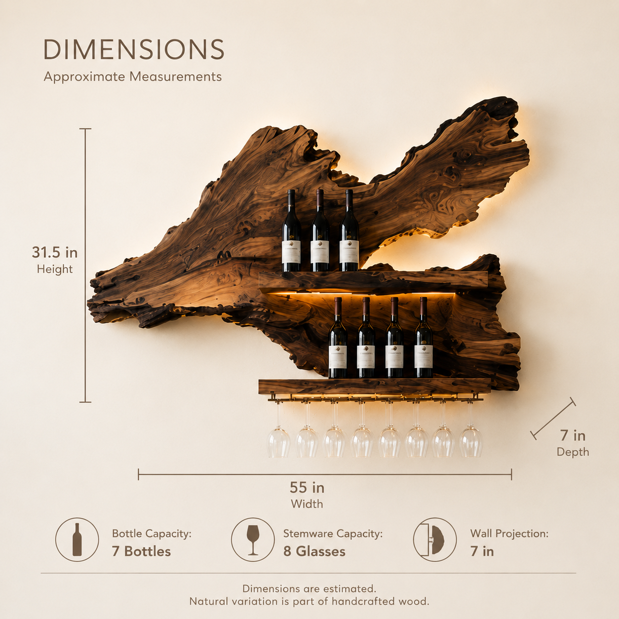 Solid Wood Wall Wine Rack with Glass Holder - Crescent - product image 08
