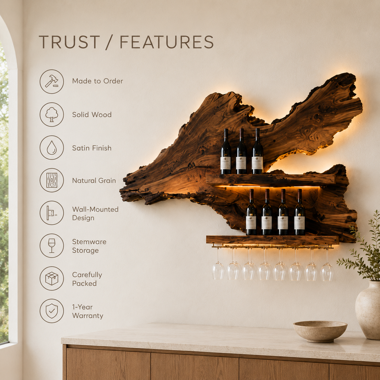 Solid Wood Wall Wine Rack with Glass Holder - Crescent - product image 09