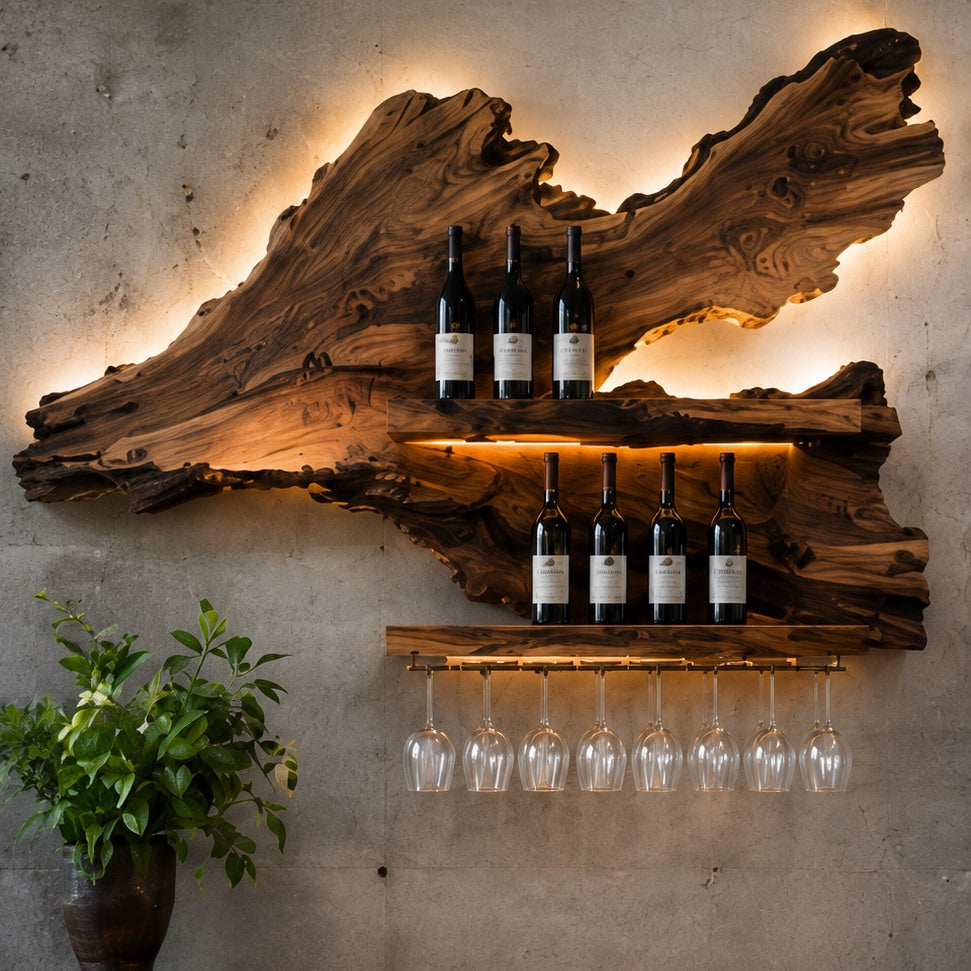 Solid Wood Wall Wine Rack with Glass Holder - Crescent - Design 140 - square cover image