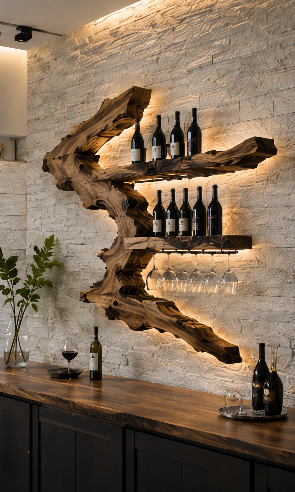Solid Wood Wall Wine Rack with Glass Holder - Gallery Rail - main view