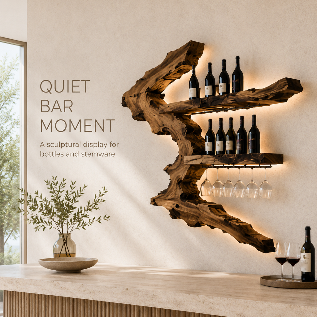 Solid Wood Wall Wine Rack with Glass Holder - Gallery Rail - product image 02