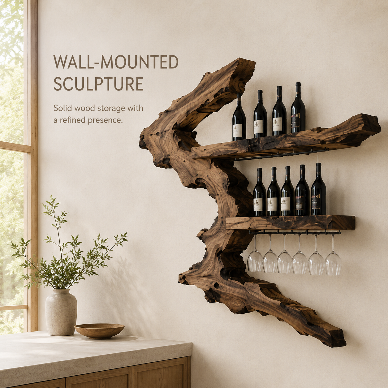 Solid Wood Wall Wine Rack with Glass Holder - Gallery Rail - product image 03