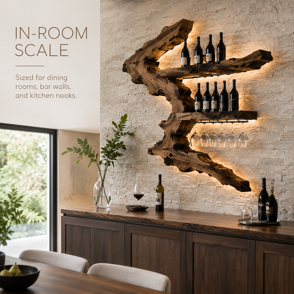 Solid Wood Wall Wine Rack with Glass Holder - Gallery Rail - product image 04