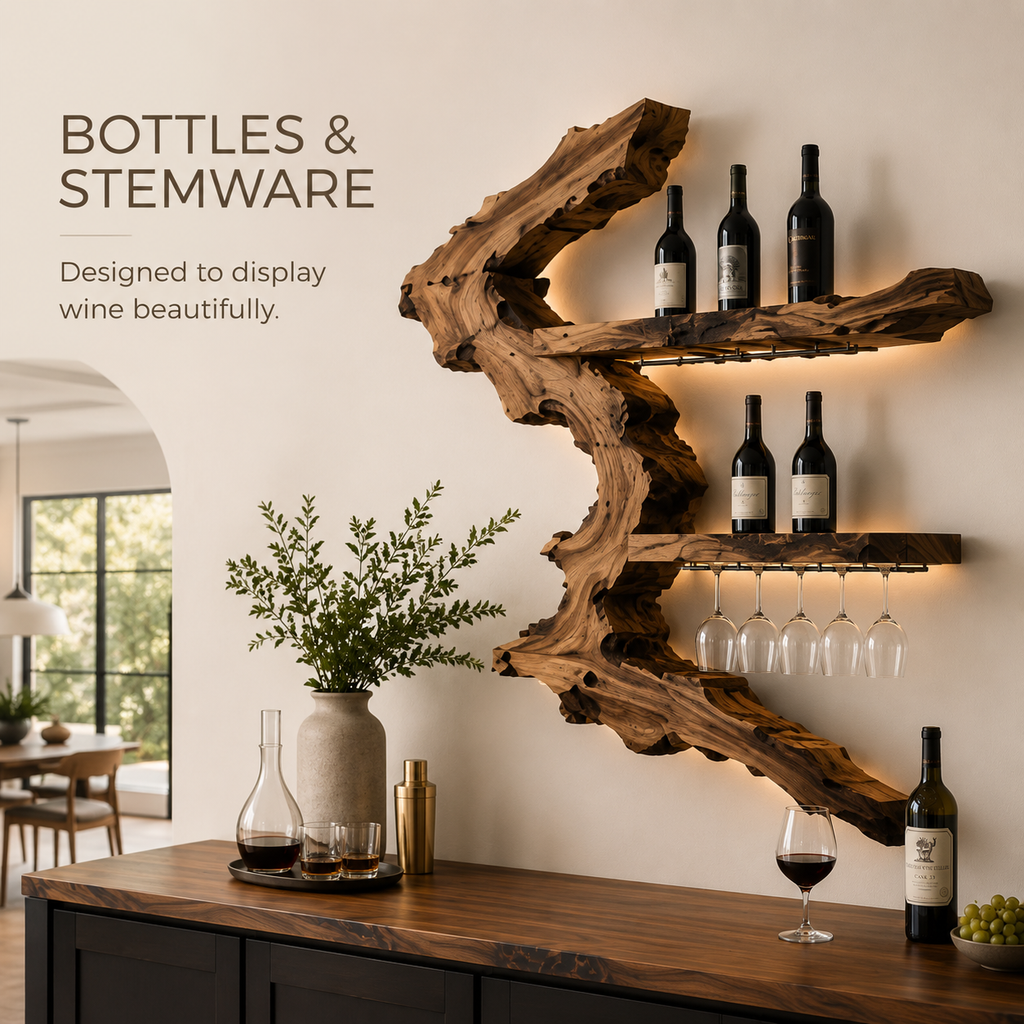 Solid Wood Wall Wine Rack with Glass Holder - Gallery Rail - product image 07