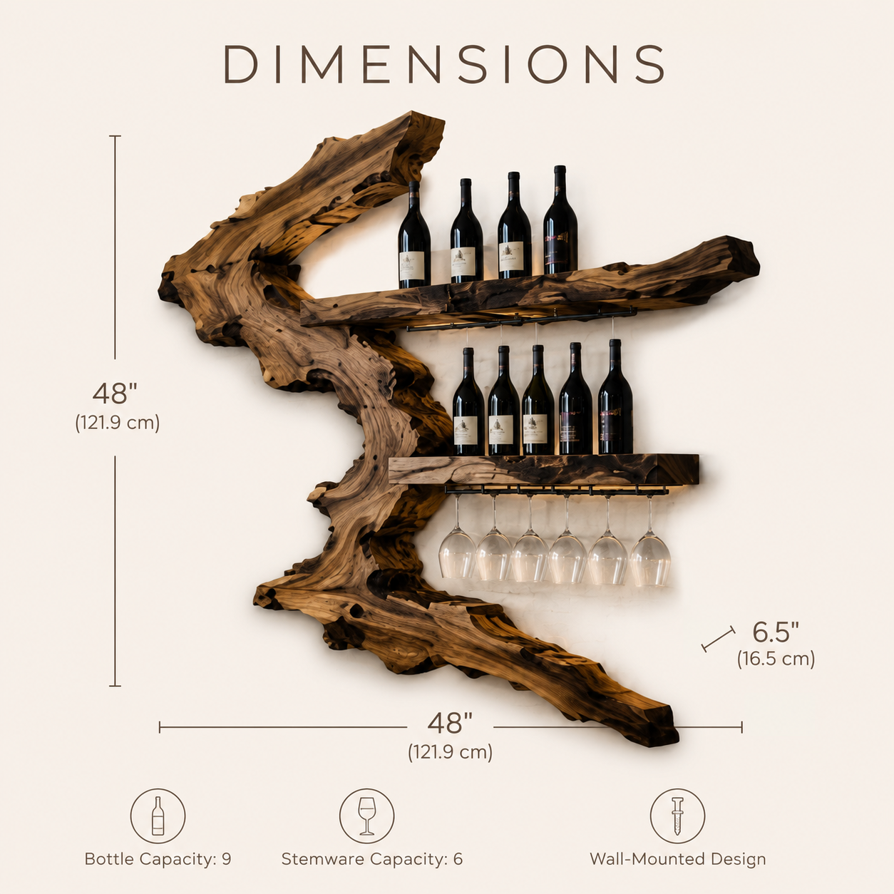 Solid Wood Wall Wine Rack with Glass Holder - Gallery Rail - product image 08