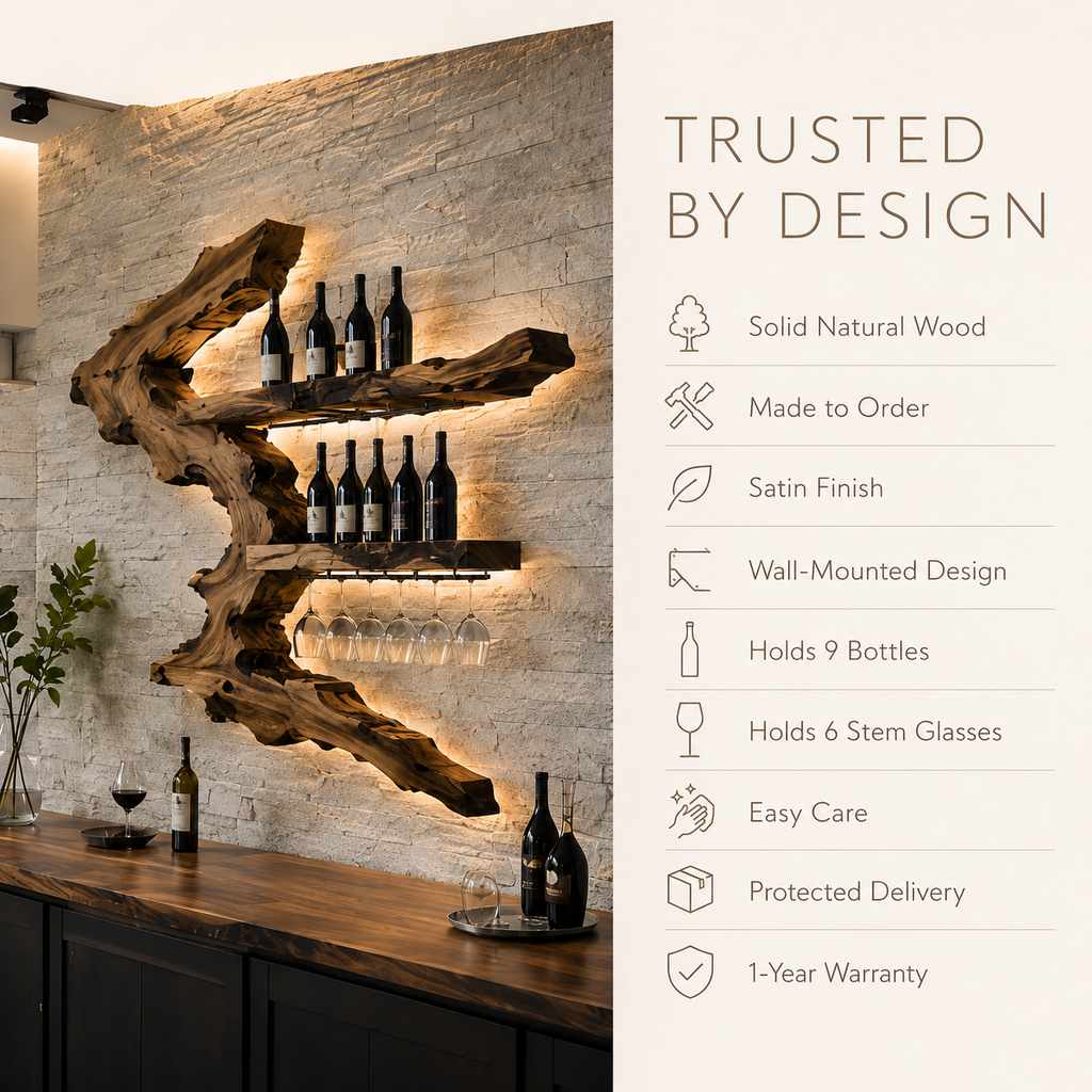 Solid Wood Wall Wine Rack with Glass Holder - Gallery Rail - product image 09