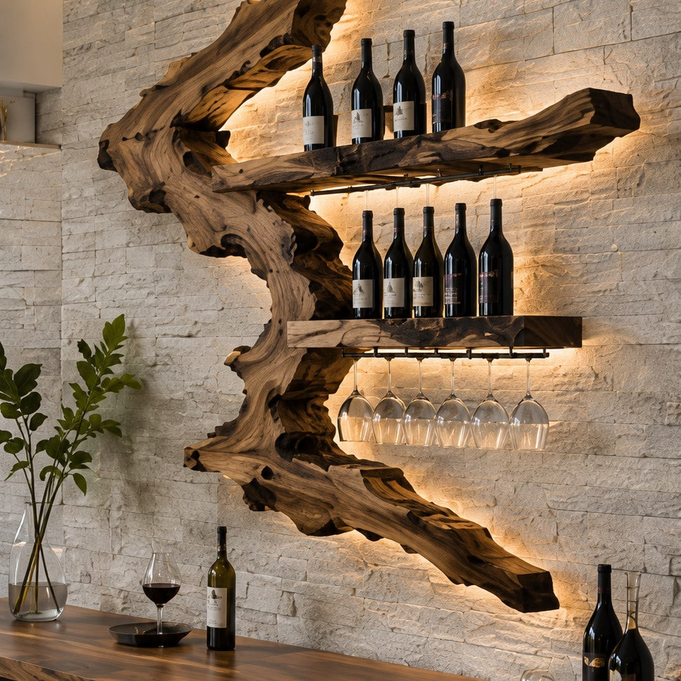 Solid Wood Wall Wine Rack with Glass Holder - Gallery Rail - Design 141 - square cover image