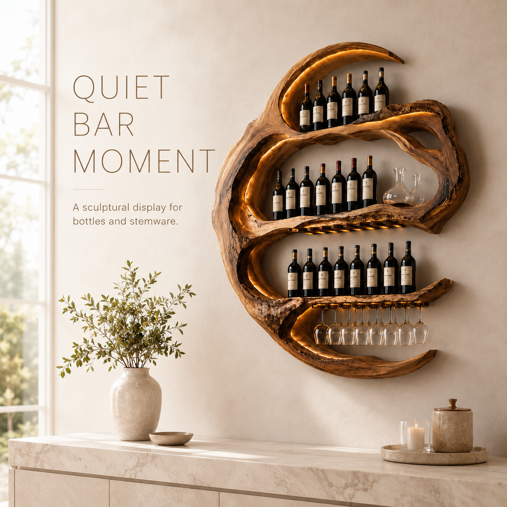 Solid Wood Wall Wine Rack with Glass Holder - Live Edge - main view