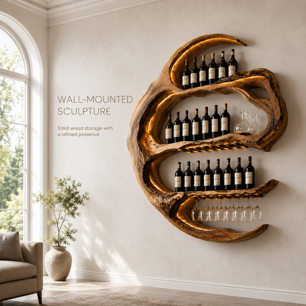 Solid Wood Wall Wine Rack with Glass Holder - Live Edge - product image 02