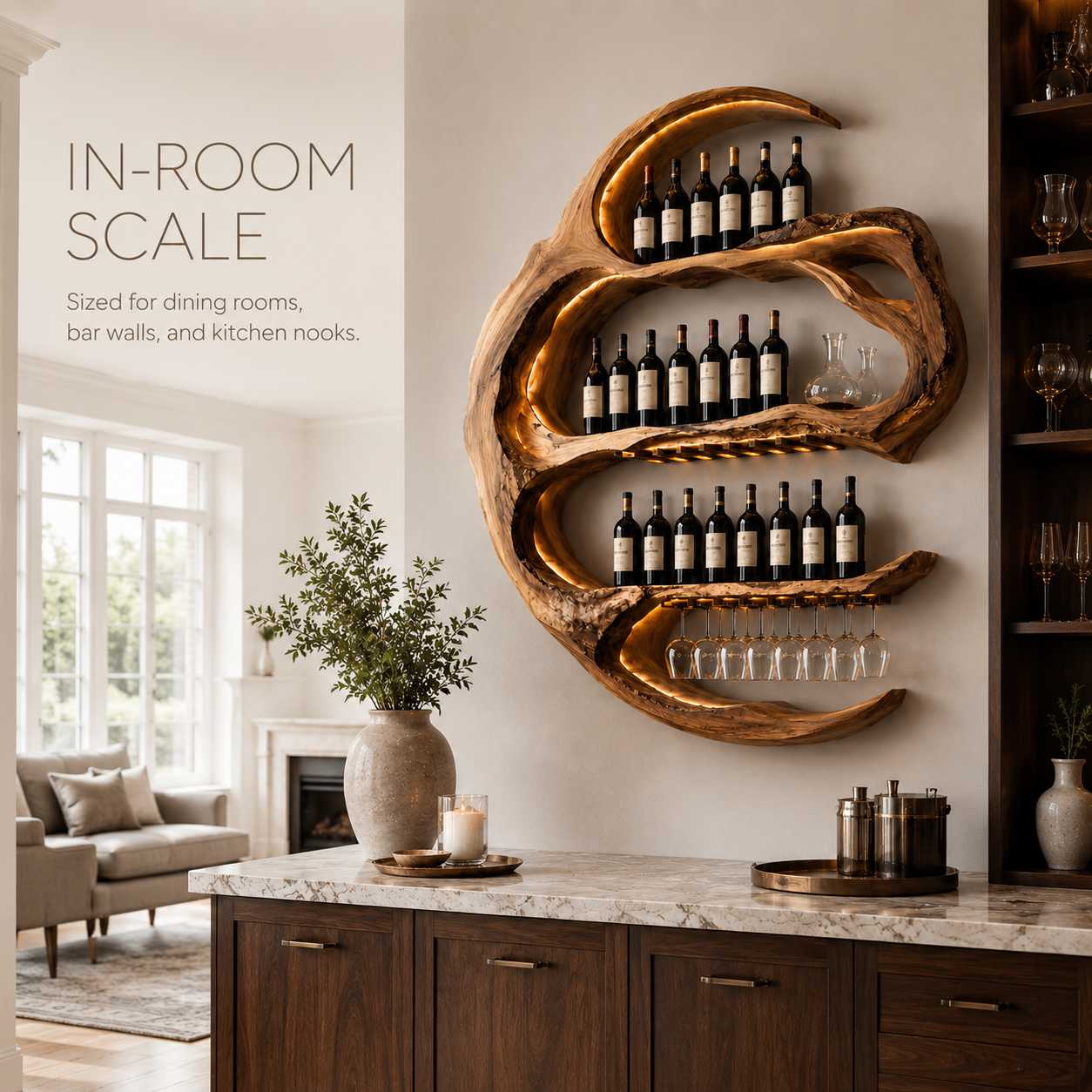 Solid Wood Wall Wine Rack with Glass Holder - Live Edge - product image 03