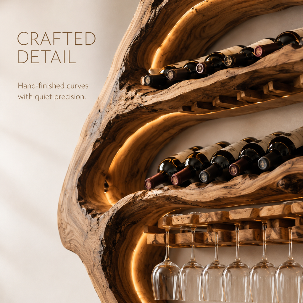 Solid Wood Wall Wine Rack with Glass Holder - Live Edge - product image 05