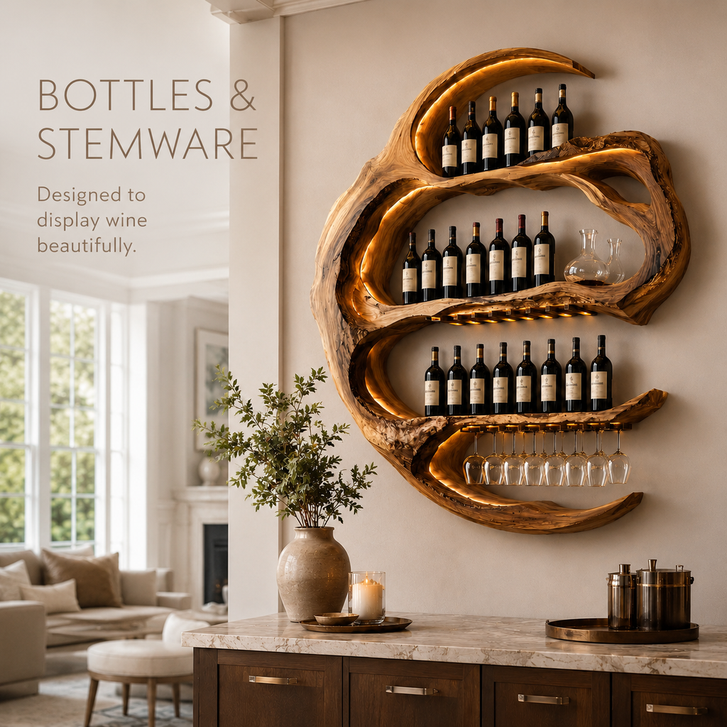 Solid Wood Wall Wine Rack with Glass Holder - Live Edge - product image 06